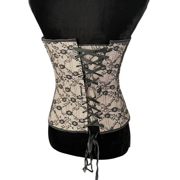 Sexy Gold with Black Lace Bone Hook & Eye Lace Up Corset Size M goth medieval - Picture 5 of 6